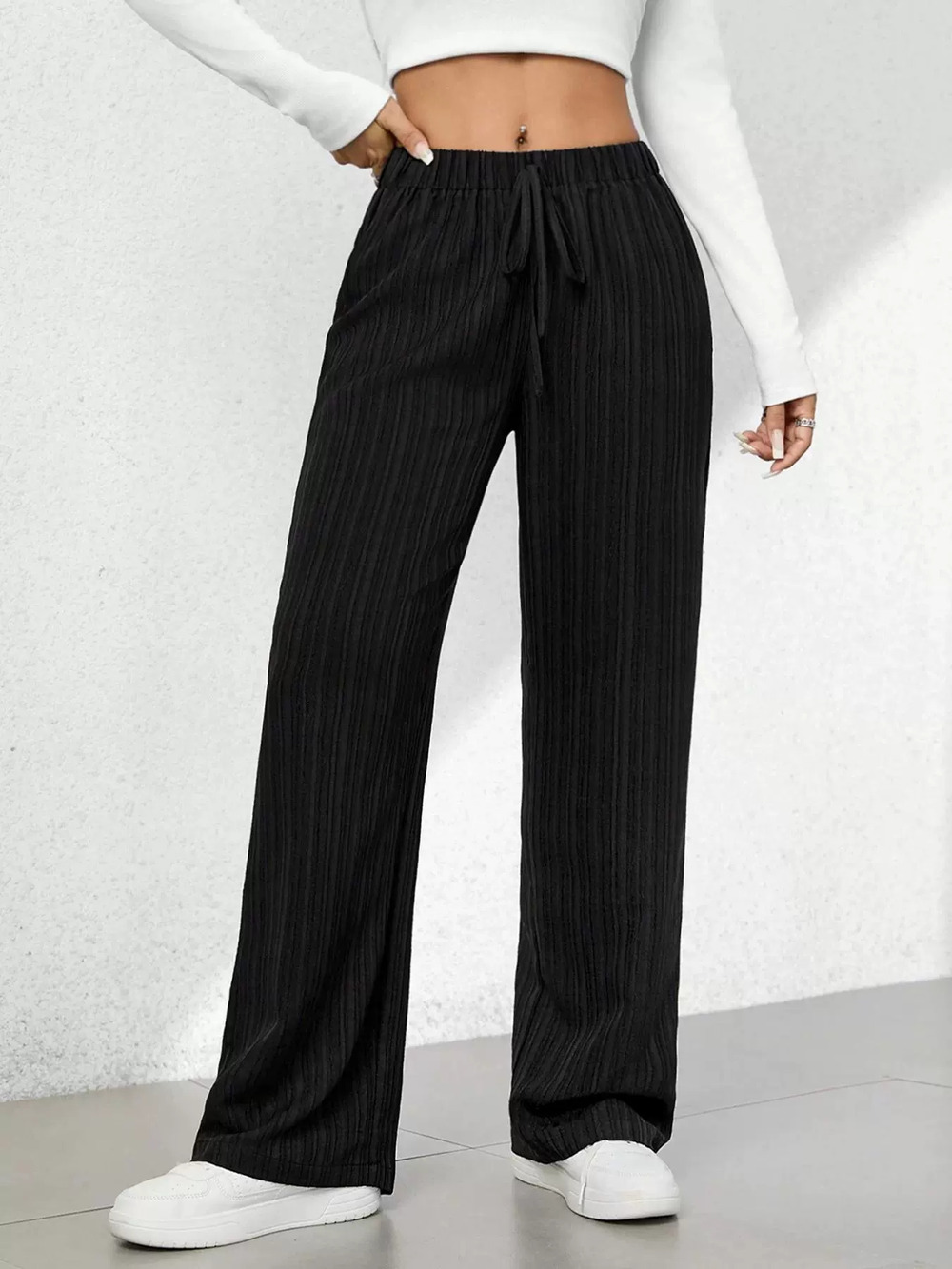 ZARA Casual Fall Winter Loose Wide Leg High Waist Straight Drawstring Pants